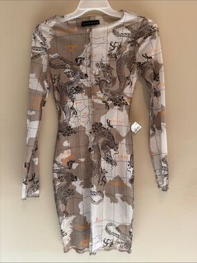 Sabora Taupe and White Map-Print Long Sleeve Bodycon Dress see-through material